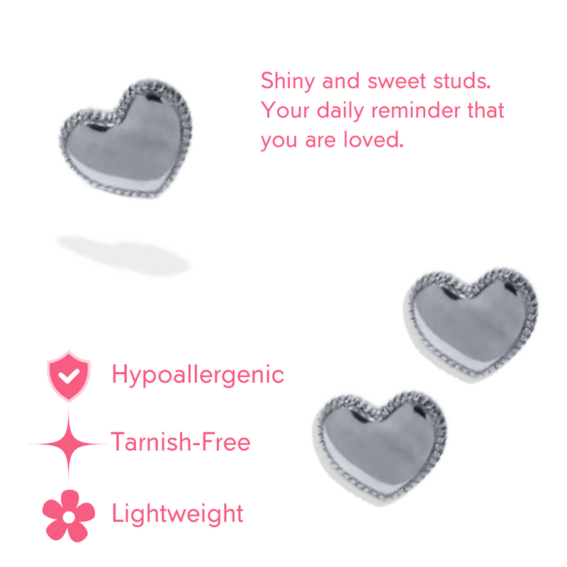 Pure Silver Heart 18k White Gold Studs for Valentine's Day