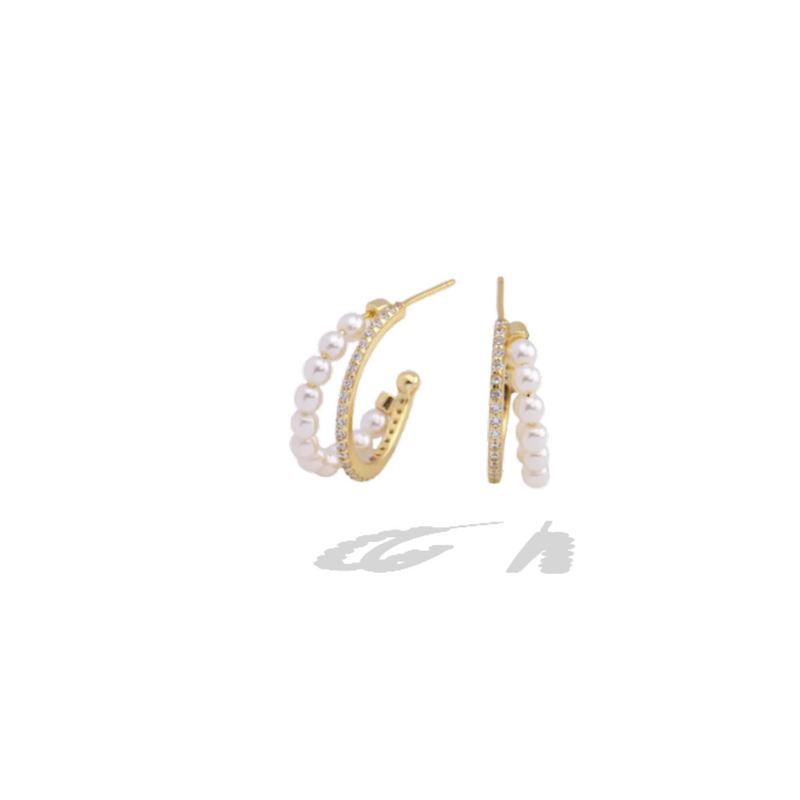 Gold Timeless Treasure Sterling Silver Pearl + Rhinestone Delicate Double Hoops