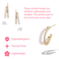 Gold Timeless Treasure Sterling Silver Pearl + Rhinestone Delicate Double Hoops