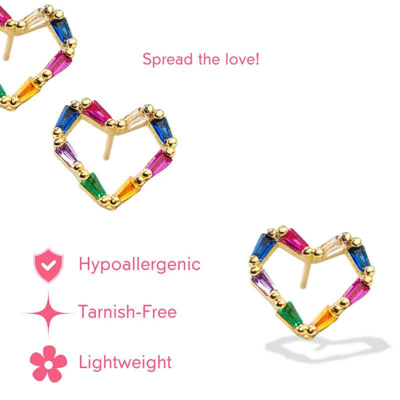 Tiny Colorful Rainbow Rhinestone 18k Gold-Plated Heart Studs