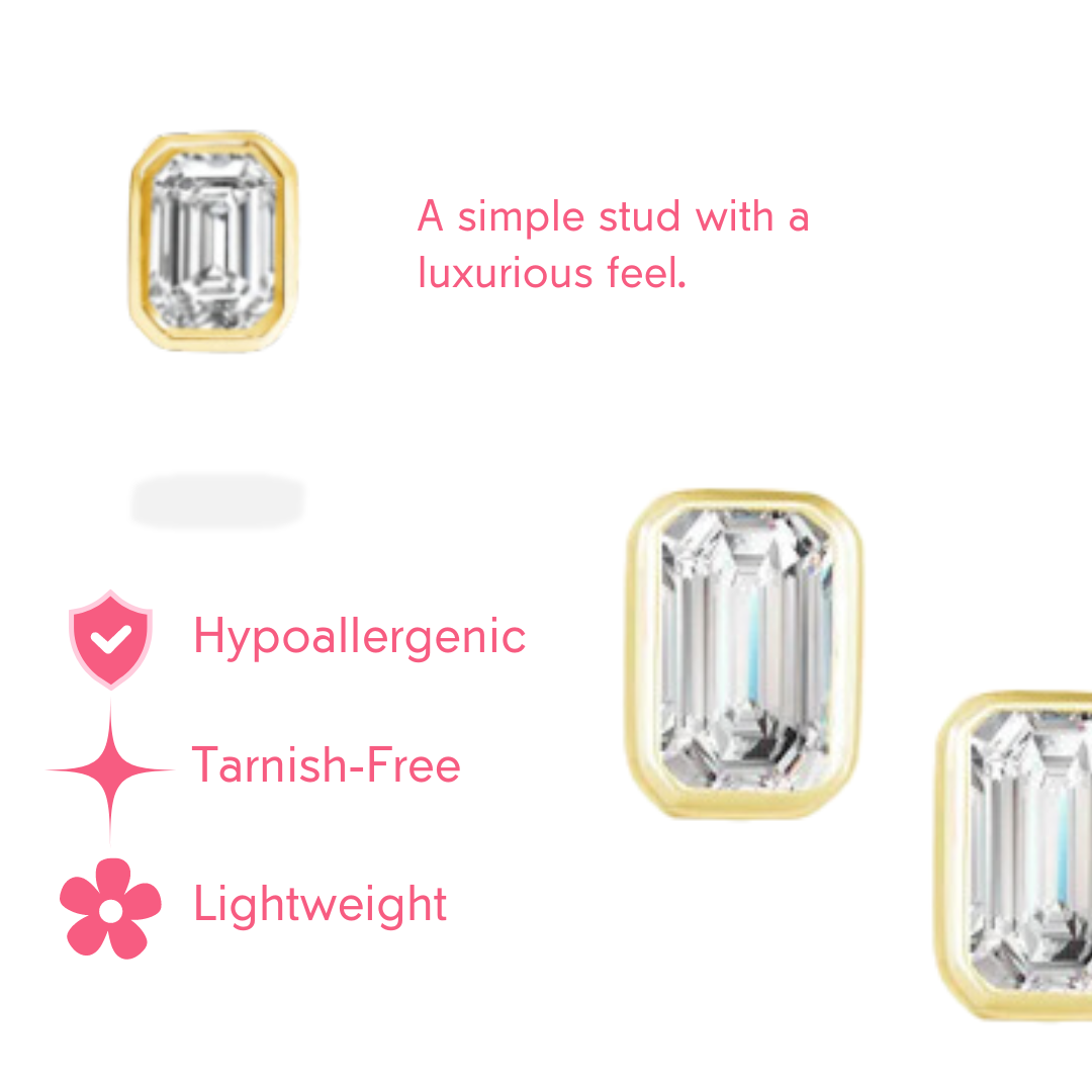 Emerald Cut 18k Gold-Plated Studs- Small