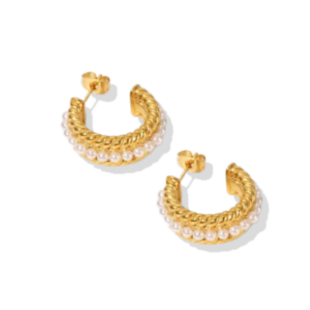 Boucles d'oreilles créoles plaquées or 18 carats avec perles élégantes