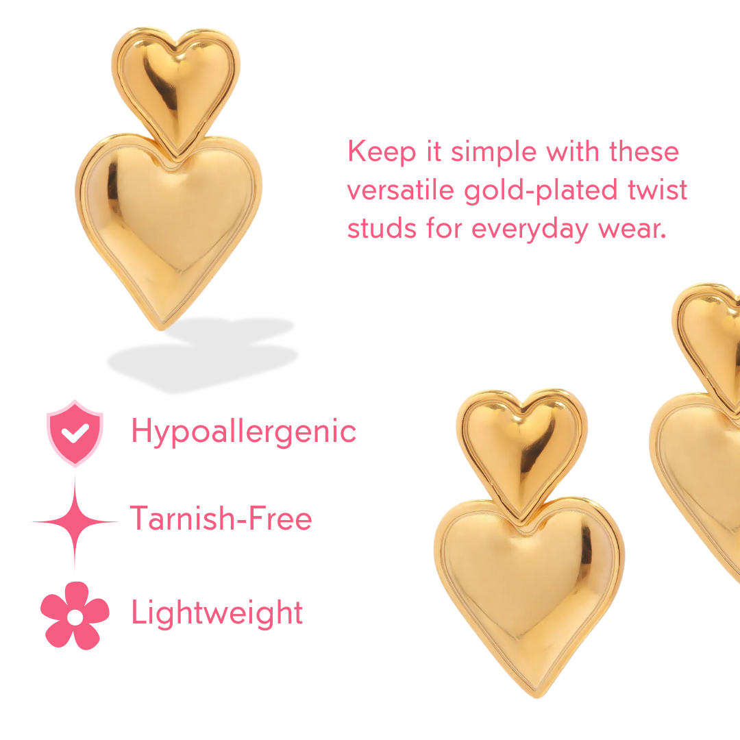 Extra Loved! 18k Gold-Plated Double Heart Valentine's Day Statement Earrings