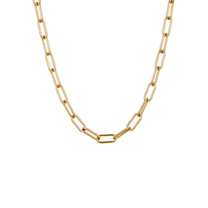 A gold-filled link necklace with a length of 19 inches.