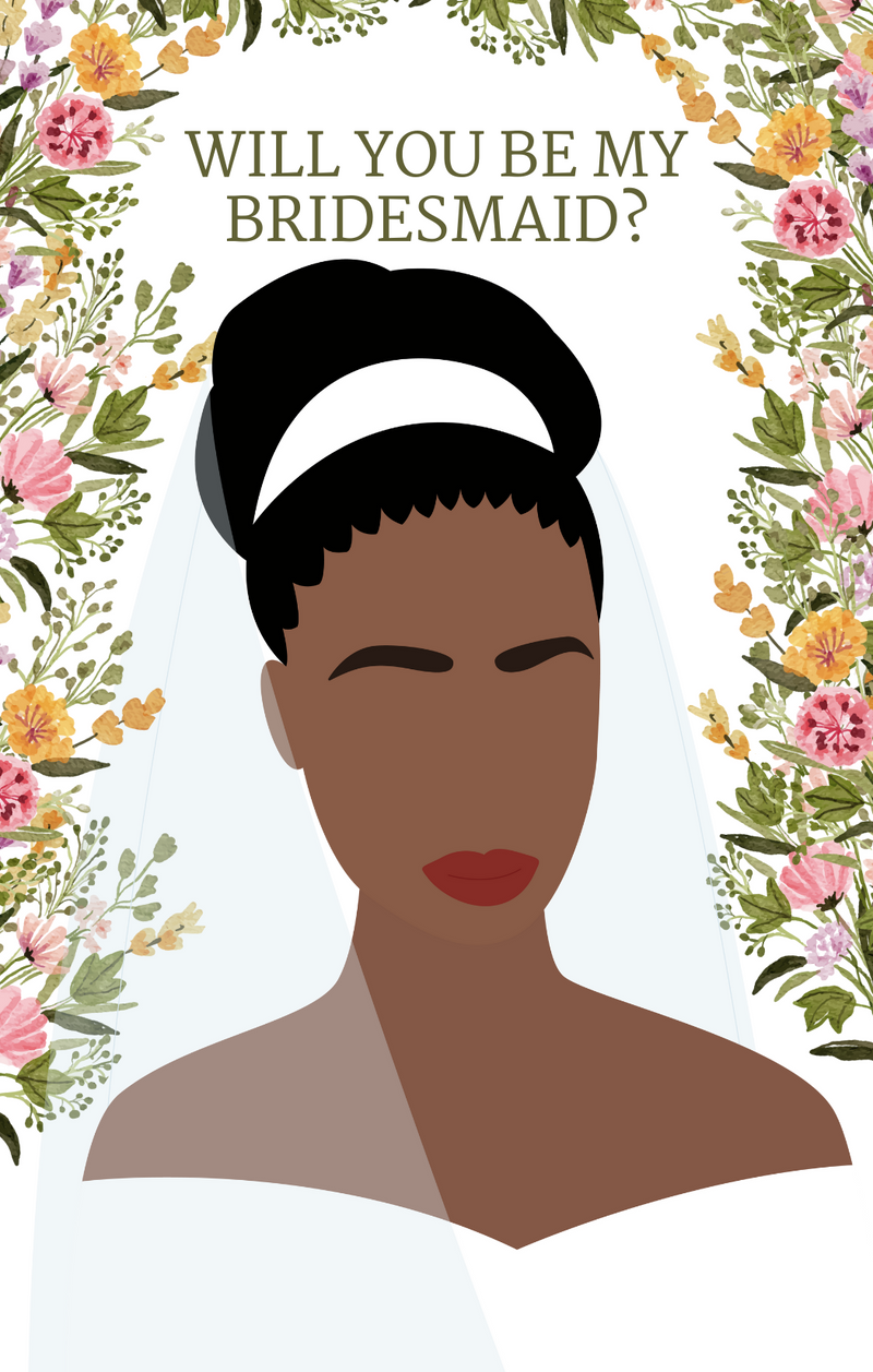Floral Black Hair Bridesmaid Card