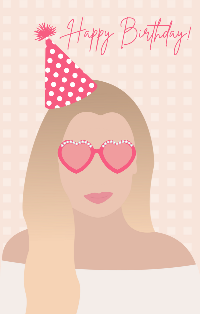 Carte d'anniversaire pour fille avec lunettes en forme de coeur